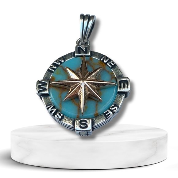 Stunning Gold Northstar Compass Pendant w/ Turquoise Accent - Unisex 925 Sterlin - Picture 1 of 8